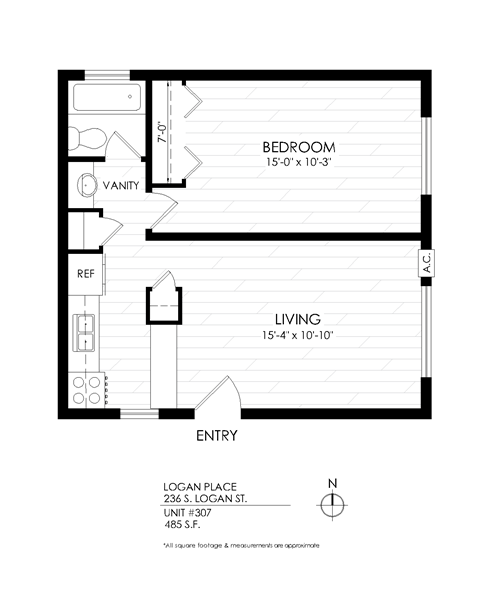 Floor plan for 1 bed, 1 bath, 450 sqft
